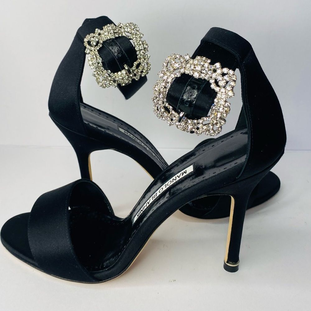 Manolo Blahnik Crystal Buckle Black Satin Open Toe Heels. YOU NEED THESE.